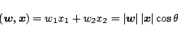 \begin{displaymath}\Brc{\mb{w},\mb{x}} = w_1x_1 + w_2x_2 = \vert\mb{w}\vert\,\vert\mb{x}\vert \cos\theta
\end{displaymath}