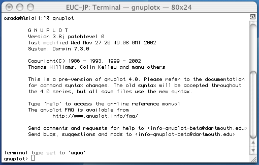gnuplotの起動画面